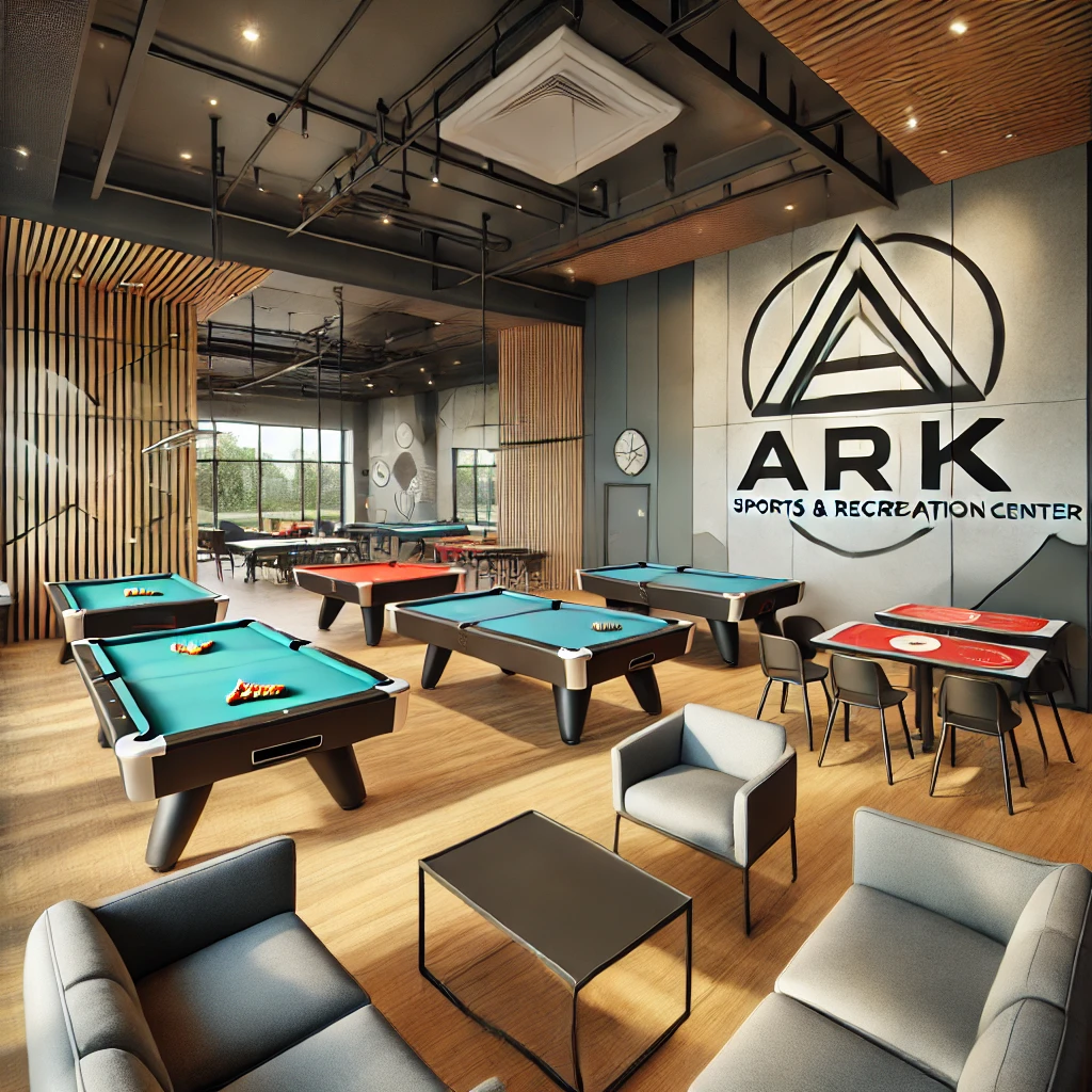 DALL·E 2024-12-21 23.18.23 - A modern interior design of a small table games entertainment room inside ARK Sports & Recreation Center. The room includes pool tables, table tennis,