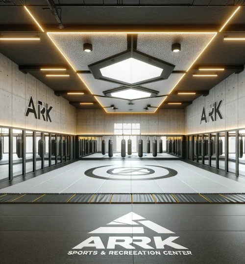 DALL·E 2024-12-21 23.25.06 - A 3D visualization of a combat sports training room in ARK Sports & Recreation Center with a ceiling height of 4 meters. The design includes padded fl