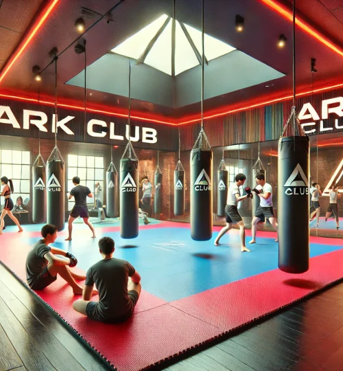 DALL·E 2024-12-24 13.34.52 - A detailed 3D interior visualization of a martial arts training room inside ARK CLUB. The room features padded floors, punching bags, mirrors, and wal