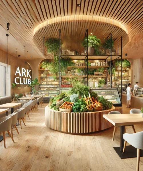DALL·E 2024-12-24 13.36.23 - A detailed 3D interior visualization of a healthy restaurant inside ARK CLUB. The design features a modern and minimalist decor with natural wood fini