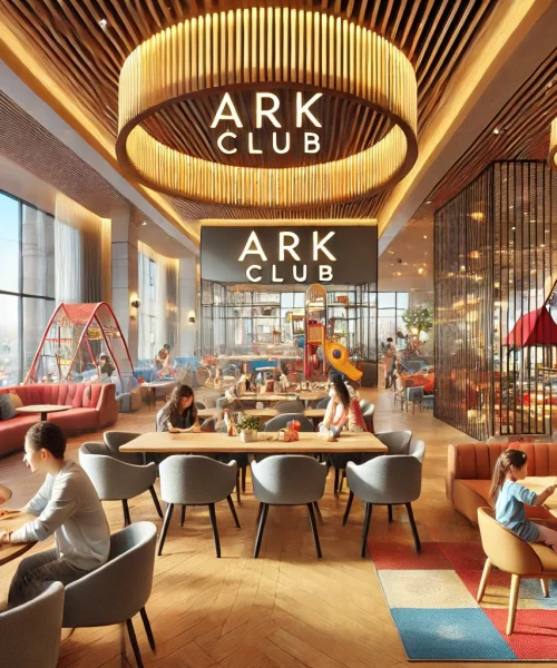 DALL·E 2024-12-24 13.36.31 - A detailed 3D interior visualization of a family-friendly restaurant inside ARK CLUB. The design includes warm lighting, colorful and comfortable seat