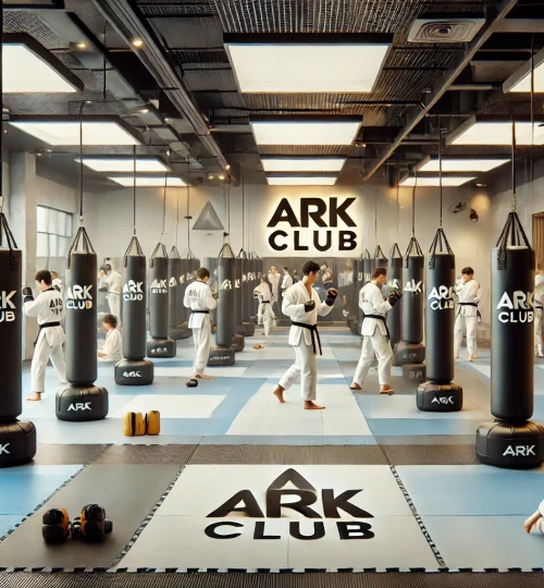DALL·E 2024-12-24 15.56.38 - A detailed 3D visualization of a martial arts training area at ARK CLUB, designed for disciplines such as taekwondo, karate, and judo. The space featu