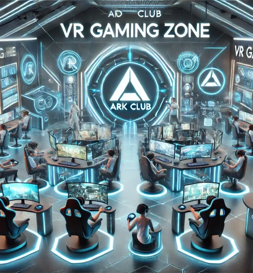 DALL·E 2024-12-24 16.01.28 - A detailed 3D visualization of a virtual reality gaming zone at ARK CLUB. The zone includes multiple VR stations with headsets, motion controllers, an