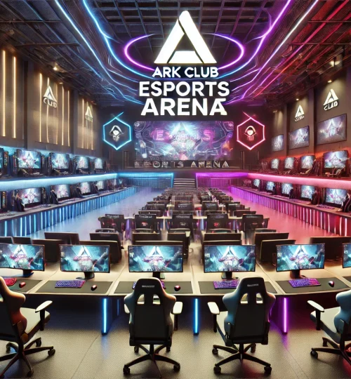 DALL·E 2024-12-28 02.05.27 - A detailed 3D visualization of an eSports gaming arena at ARK CLUB. The arena features rows of high-performance gaming PCs, ergonomic gaming chairs, a