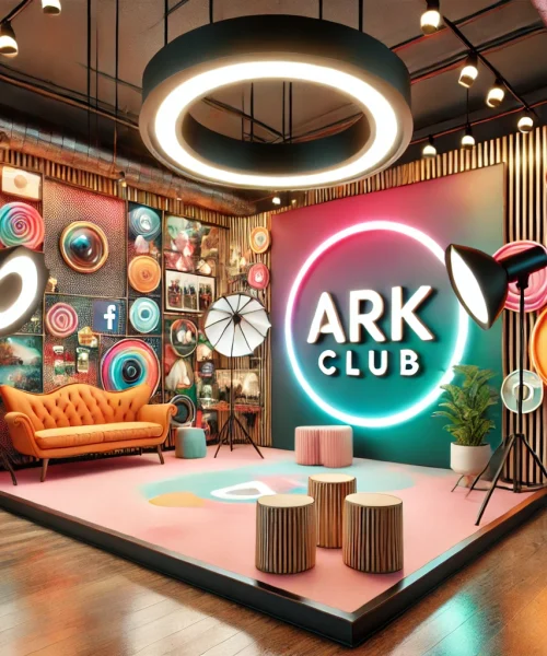 DALL·E 2024-12-28 02.07.21 - A detailed 3D visualization of a photography and social media zone at ARK CLUB. The area features vibrant backdrops, ring lights, and props for captur