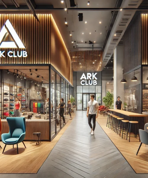 DALL·E 2024-12-28 03.29.57 - A detailed 3D visualization of commercial spaces at ARK CLUB. The area features modern retail shops for sports equipment and apparel, a health-focused